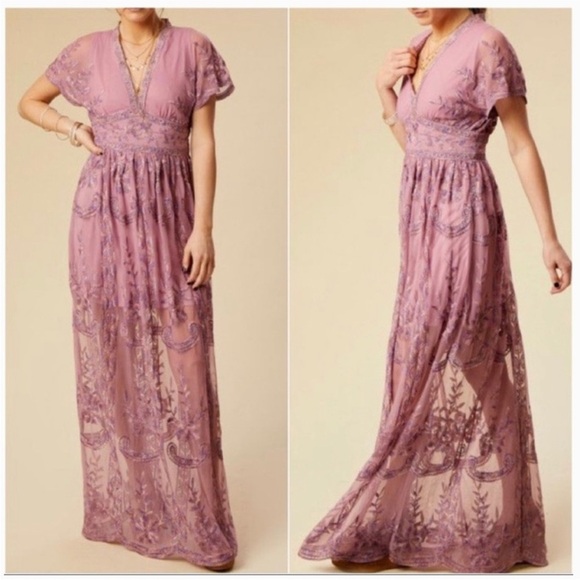 Altar'd State Mariska Lace Embroidered Maxi Dress Lilac Purple Size S Fairy - Picture 1 of 16